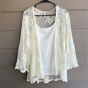 Xhilaration Ivory Floral Embroidery Mesh Open Front Blouse XL Boho Shabby Chic